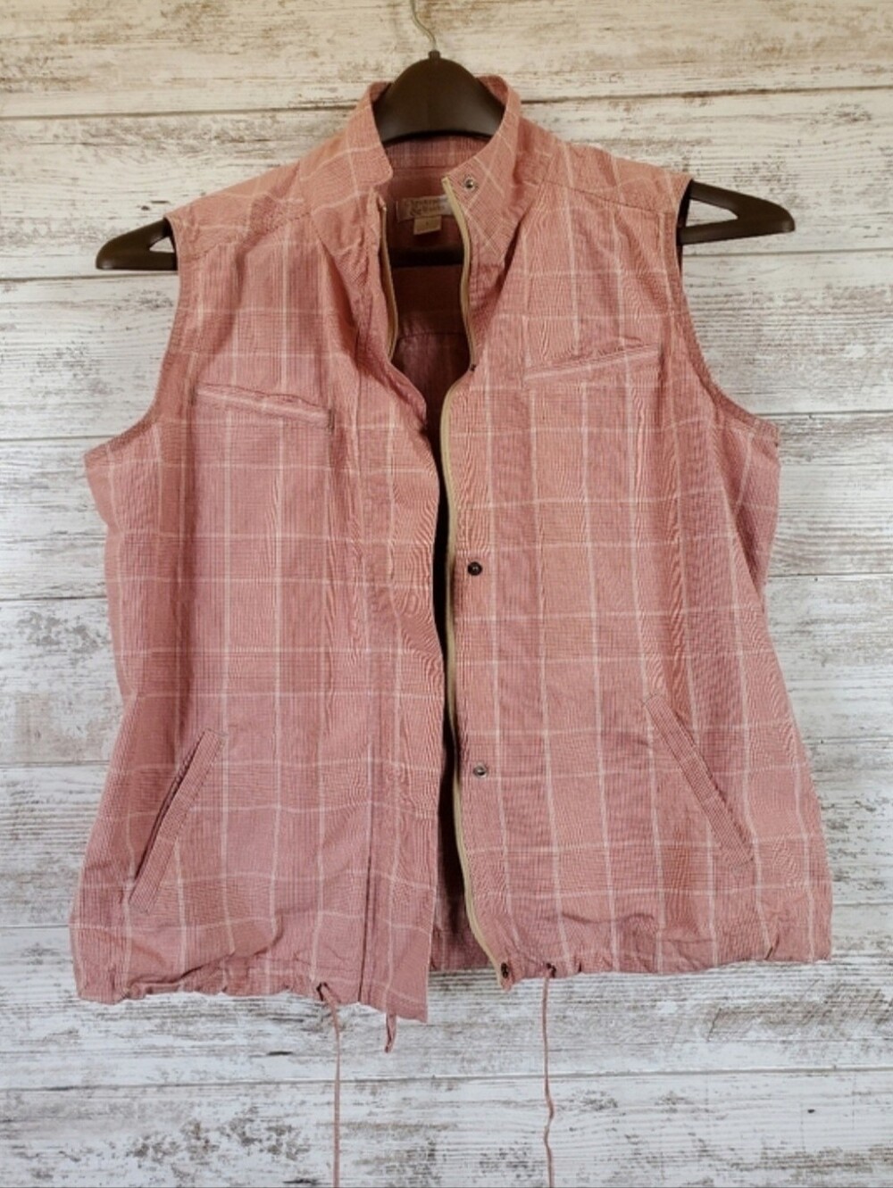 Christopher & Banks Plaid Vest Cotton Orange Red High Neck Utility Layering